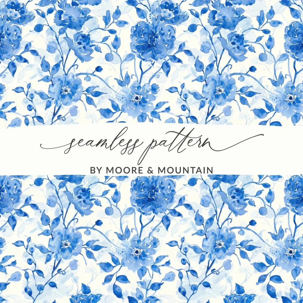Blue Floral Seamless Digital Pattern, Chinoiserie Printable, Watercolor Flower Digital Paper, Repeating Tile Fabric Design, Floral Digital - Moore and Mountain