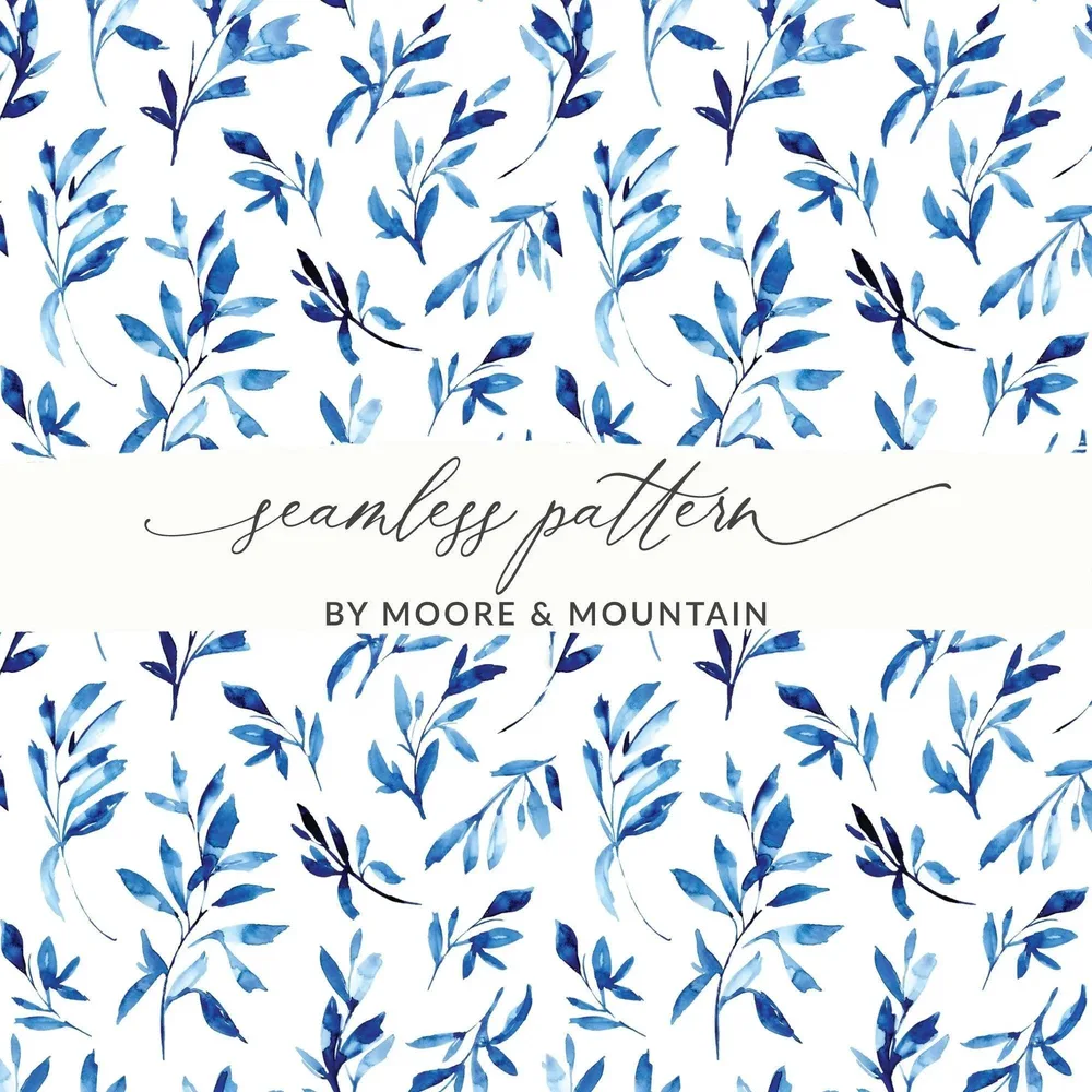Blue Leaves Digital Paper, Watercolor Floral Pattern, Seamless Pattern for Fabric, Scrapbooking Digital Backgrounds, Digital Art - Moore and Mountain