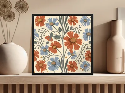 Blue Orange Floral Pattern Digital Artwork for Home Decor, Fall Floral - Moore and Mountain