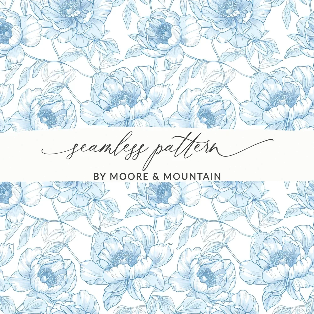 Blue Peony Digital Paper, Floral Seamless Pattern, Repeating Flower Backgrounds, Scrapbook Paper, Fabric Design, Printable Patterns Digital - Moore and Mountain