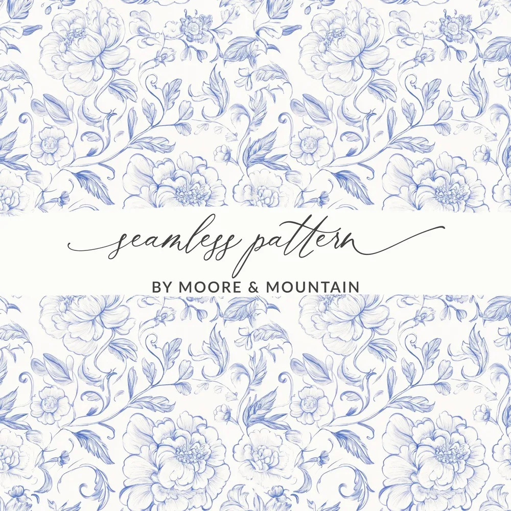 Blue Peony Digital Paper, Seamless Floral Pattern, Hand Drawn Flower Design, Spring Printable Art, Vintage Wallpaper, Scrapbook Paper - Moore and Mountain
