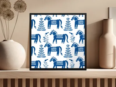 Blue Scandinavian Horses and Flowers Pattern Digital Winter Seamless Pattern - Moore and Mountain