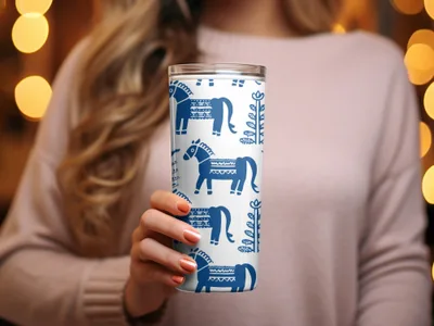 Blue Scandinavian Horses and Flowers Pattern Digital Winter Seamless Pattern - Moore and Mountain