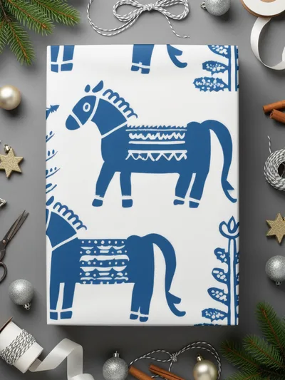 Blue Scandinavian Horses and Flowers Pattern Digital Winter Seamless Pattern - Moore and Mountain