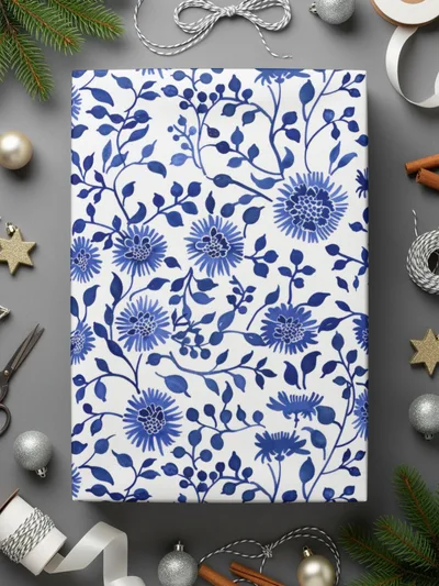 Festive Blue Floral Wrapping Paper Holiday Gift Wrap