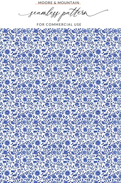 Blue and White Floral Seamless Pattern Commercial Use