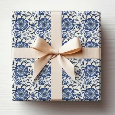 Elegant Blue Floral Gift Wrapping with Cream Ribbon Design