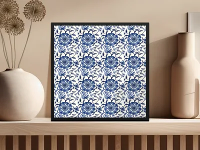 Vintage Blue Floral Pattern Framed Art Print Decor