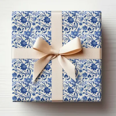 Floral Blue and White Gift Wrap with Beige Ribbon