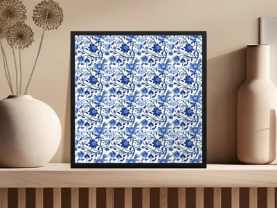 Elegant Blue Floral Pattern Framed Art Print Decor