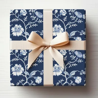 Elegant Blue Floral Gift Wrap with Cream Ribbon design