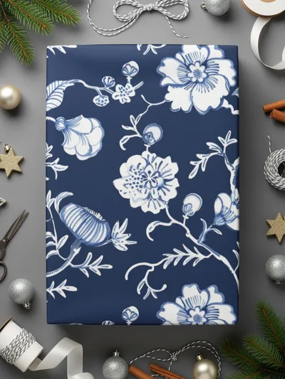 Elegant Blue Floral Pattern Gift Wrap Paper