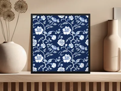 Elegant Floral Pattern on Dark Blue Wall Art Decor