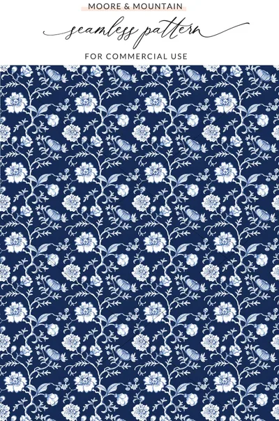 Blue and White Floral Seamless Pattern for Commercial Use
