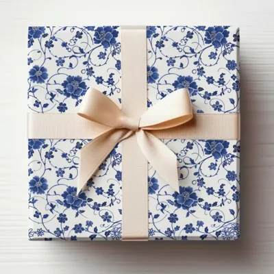 Elegant Blue Floral Gift Wrap with Beige Ribbon