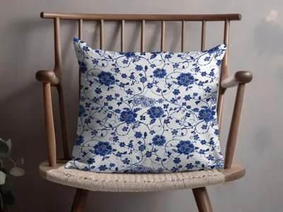 Beautiful Blue Floral Pattern on White Background Pillow