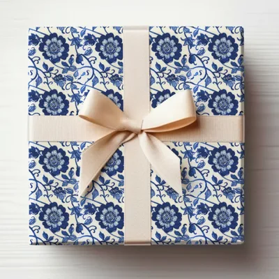 Elegant Blue Floral Gift Wrap with Cream Ribbon Detailing