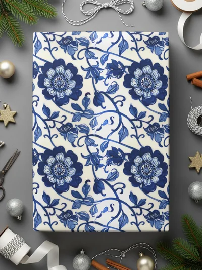 Blue Floral Patterned Gift Wrap Paper for Holidays