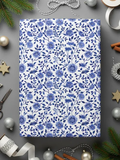 Festive Blue Floral Wrapping Paper for Holidays