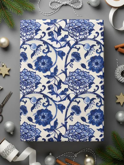 Blue Floral Decorative Patterns Gift Wrap Roll
