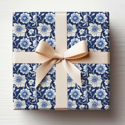 Elegant Blue Floral Gift Box with Cream Ribbon Design