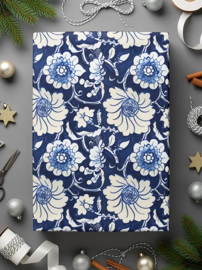 Blue and White Floral Design Wrapping Paper