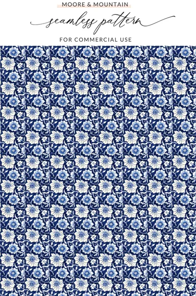 Blue and White Floral Seamless Pattern for Commercial Use
