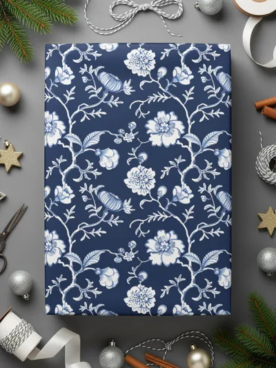 Elegant White Floral Pattern on Navy Blue Wrapping Paper