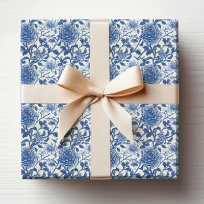 Elegant Blue Floral Pattern Gift Wrap with Ribbon