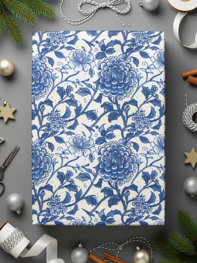 Blue Floral Pattern Holiday Gift Wrapping Paper