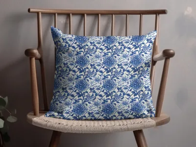 Elegant Blue and White Floral Decorative Pillow