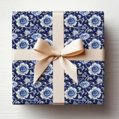 Blue Floral Pattern Gift Box with Cream Bow