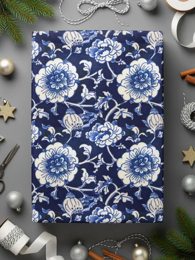 Elegant Blue and White Floral Pattern Wrapping Paper