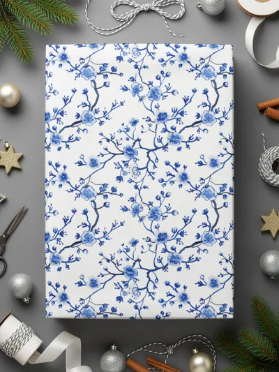Blue Floral Patterned Gift Wrap Paper for Occasions