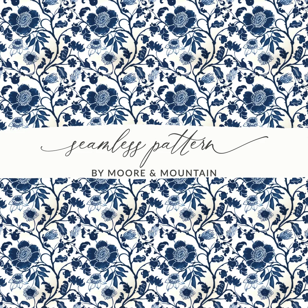 Blue and White Floral Seamless Pattern by Moore & Mountain