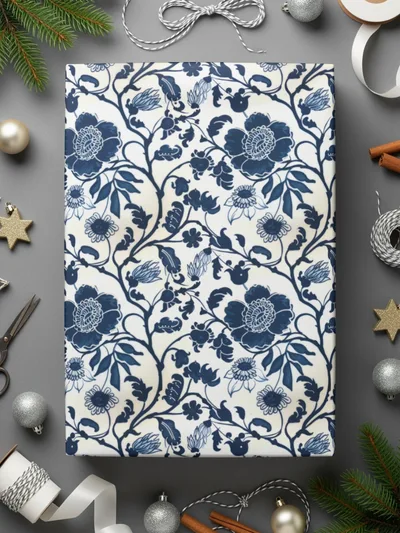 Elegant Blue Floral Patterned Wrapping Paper