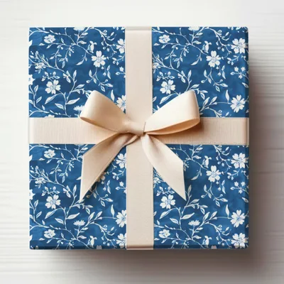 Elegant Blue Floral Gift Wrap with Cream Bow Design
