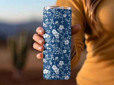 Floral Blue Insulated Tumbler with White Flowers Design