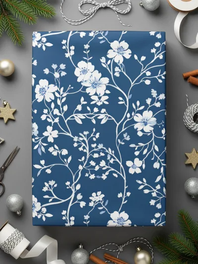 Elegant White Floral Design on Navy Blue Wrapping Paper