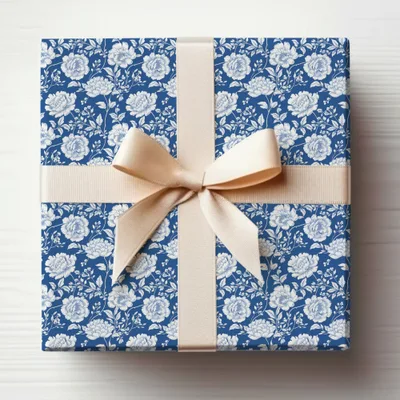 Elegant Blue Floral Gift Wrapping Paper With Bow