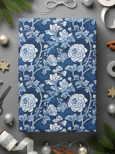 Elegant Blue Floral Patterned Wrapping Paper
