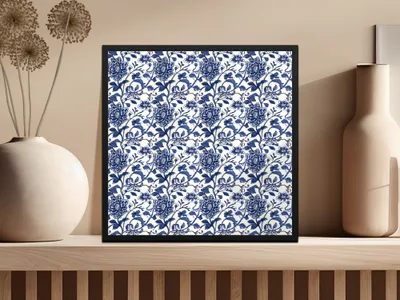 Decorative Floral Blue and White Framed Art Print