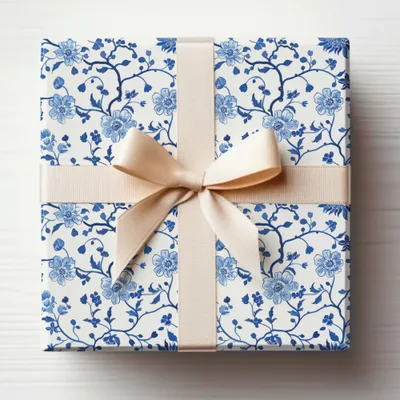Elegant Blue Floral Gift Wrap with Beige Ribbon Design