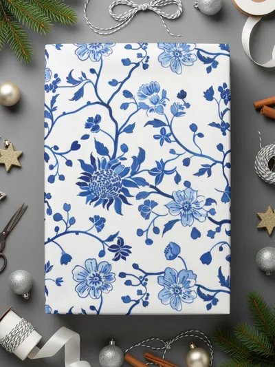 Blue Floral Wrapping Paper with Holiday Decorations