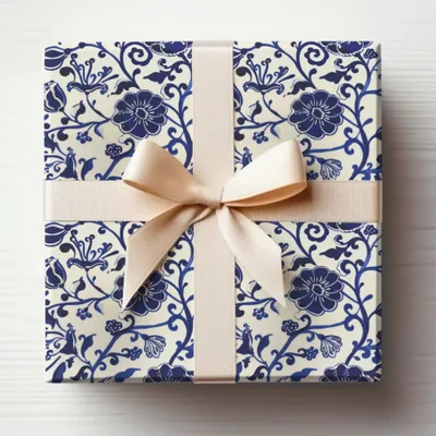 Elegant Blue Floral Gift Box with Cream Ribbon
