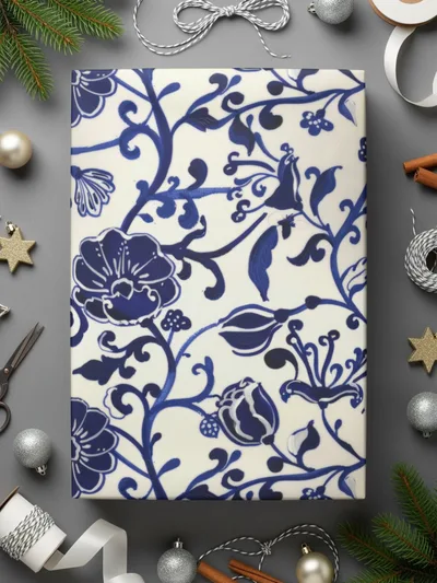 Blue and White Floral Pattern Holiday Wrapping Paper