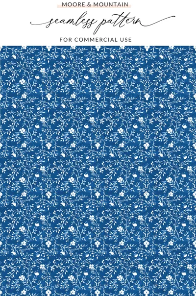 Blue and White Floral Seamless Pattern for Commercial Use