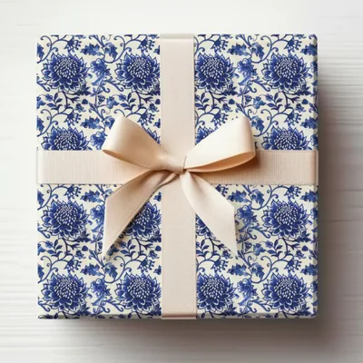 Elegant Blue Floral Gift Wrap with Ivory Ribbon