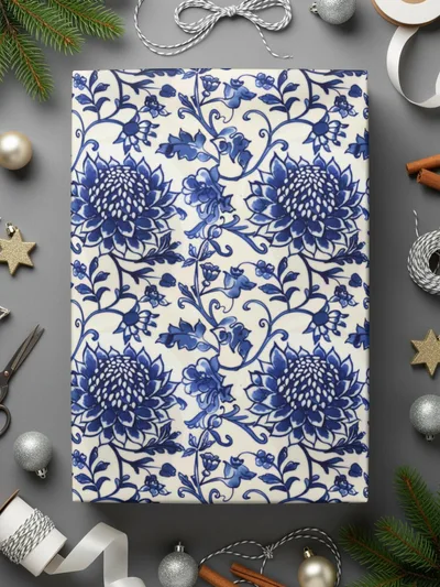 Blue Floral Patterned Wrapping Paper Gift Wrap Sheet