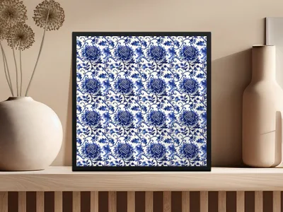 Intricate Blue Floral Pattern Framed Art Decor Piece